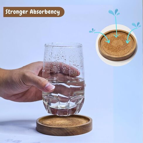 Wood Cork Coasters for Drinks with Holder, 4.13 Inch, Set of 6, Acacia Wood Coasters, Absorbent Coaster, Absorbent Drink Coasters, Table Coasters for Wood Table, Coasters for Coffee in Saudi Arabia