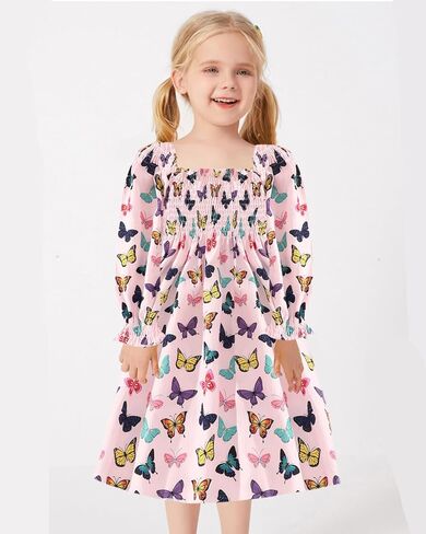 فستان بناتي كاجوال برقبة مربعة وأكمام طويلة وفساتين للأطفال الصغار مقاس 3-7T in Kuwait