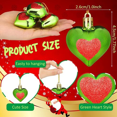 24 Pcs Lime Green Christmas Heart Ornaments Heart Shaped Hanging Ornaments for Christmas Tree Anniversary Wedding Party Decoration in Kuwait