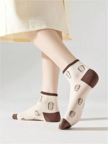 Women's 5 Pairs Striped Graphic Print Crew Shorts Ribbed Knit Soft Socks Sets Comfort Ankle Socks in Saudi Arabia