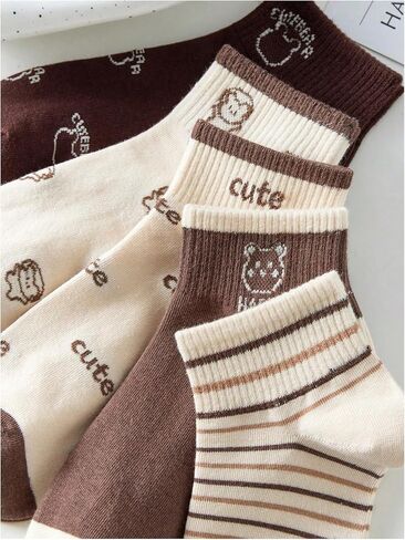 Women's 5 Pairs Striped Graphic Print Crew Shorts Ribbed Knit Soft Socks Sets Comfort Ankle Socks in Saudi Arabia