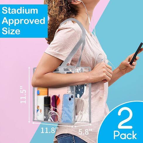 2 Pack Clear Bag for Stadium Events, 12x6x12 Large Clear Tote Bag Stadium Approved, Transparent Plastic Bags with Handles and Zipper, PVC Handbags for Concert, Women, See Through Tote Bags in Saudi Arabia