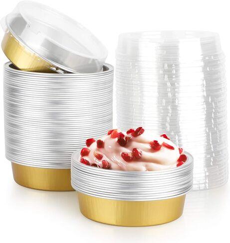 Beasea Disposable Pie Tins 4 Inch, 50 Pack Mini Tart Pans with Lids, 8 Oz Golden Aluminum Pie Pan Tin Tart Pans Round Oven Baking Mini Cake Pan for Pie Tart Quiche in Saudi Arabia