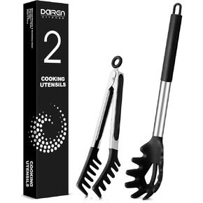 Spaghetti Spoon and Pasta Tong, Non-stick Silicone Spoon Server Fork with teeth and Stainless Steel Handle Spaghetti Tong, Food Clip for Spaghetti Noodle, Red
