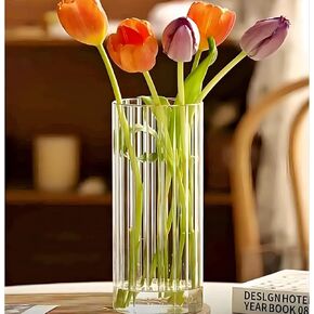 10 inch Clear Glass Flower Vases,Ribbed Vase for Centerpiece Table Home Indoor Desk Decor, Modern Boho Style Vase for Wedding House Gift