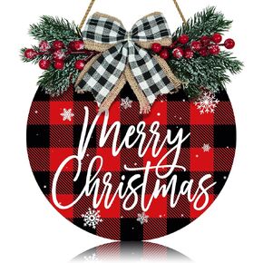 Merry Christmas Wreath Red Buffalo Plaid Xmas Welcome Door Hanger Sign for Front Door Decoration Winter Door Sign 12 Inch Welcome Wood Wreaths Rustic Wall Hanging Porch Window Decor Indoor Outdoor