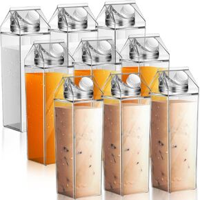 Remerry 9 Pcs 34oz Clear Milk Carton Water Bottle Plastic Clear Milk Carton Cup Square Plastic Cute Milk Carton Container Portable Reusable Milk Bottles Leakproof Juice Bottle for Sports Camping