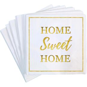 Housewarming Party Decorations, Housewarming Napkins 50 Pack, Home Sweet Home Paper Napkins in White and Gold, New Home Gift Ideas, Open House Real Estate Agent Gifts to Clients