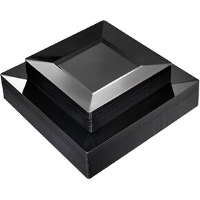 Liacere 100PCS Black and Gold Square Plastic Plates - 50PCS 9.5inch Black Dinner Plates and 50PCS 6inch Black Dessert Plates - Durable Fancy Black Disposable Plates for Party & Wedding & Halloween