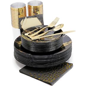 N9R 225PCS Red Gold Plastic Plates Set, Disposable Dinnerware Set Include 25 Dinner Plates, 25 Dessert Plates, 25 Forks, 25 Mini Forks, 25 Spoons, 25 Knives, 25 Gold Cups, 25 Napkins and Table Cards