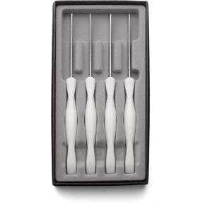 CUTCO #1865 set of 4 White (Pearl) Model 1759 Table Knives, each in a factory sealed plastic bag, inside attractive blue CUTCO box..............3.8" Double-D serrated 440A High-Carbon, Stainless
