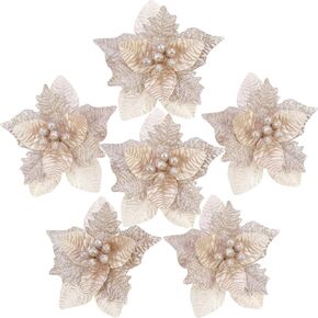 Sea Team 6-Pack Artificial Glitter Poinsettia Christmas Flower Ornaments Tree Decorations, 10-inch, Champagne