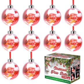 Aneco 10 Pieces Clear Acrylic Photo Ornament Christmas Ball 80mm Hanging Photo Ball Ornaments with Silver Cap and Red Lanyard for Photo Display, Decorating Christmas Trees