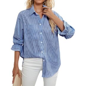 WHO IN SHOP Women's Striped Button Down Shirts Smocked Cuffed Boyfriend Shirt Long Sleeve Blouse Top with 3 Pockets