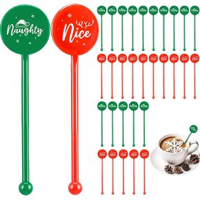 Cunhill 30 Pcs Christmas Swizzle Sticks Plastic Coffee and Cocktail Stirrers, Naughty Nice Drink Stirrers Cocktail Mixers for Christmas Party Supplies Beverage Hot Drinks Tea Coffee Bar Decoration