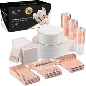 Gold Plastic Plates For Party - Gold Plastic Silverware - 350 PC Wedding Dinnerware Set For 50 Guests, 100 Gold Plastic Party Plates, 50 Cups, 50 Gold Cutlery Sets & 50 Napkins - By SparkSettings in Saudi Arabia