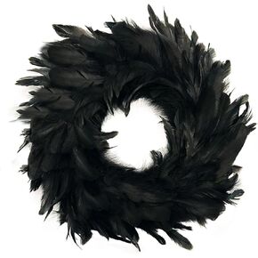 Black Feather Wreath Halloween Decorations 13.5inch Natural Feather Wreath for Front Door Halloween Spooky Scene Party (Black)