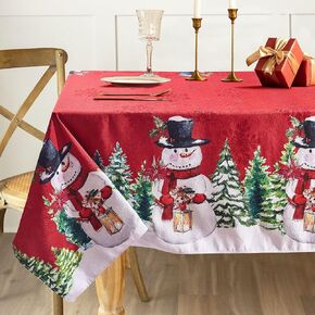 Round Christmas Tablecloth withSnowman and Snowflake Patterns,Red Jacquard Damask Fabric Table Cloth for Holiday Decoration and Winter,70 Inch