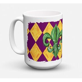 Caroline's Treasures 8133CM15 Mardi Gras Fleur de lis Purple Green and Gold Dishwasher Safe Microwavable Ceramic Coffee Mug 15 ounce, 15 ounce, multicolor