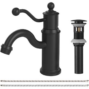 BWE Black Bathroom Sink Faucet Single Hole Single Handle Bathroom Faucets Farmhouse Matte Black Bathroom Faucet with Pop Up Drain and Water Supply Line