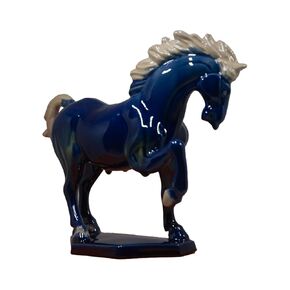 Ceramic Horse Sculpture -8 inch Hand Made Tang Sancai-Tang Tri-Color Cultural Art Piece for Home, Office Decor (Blue)