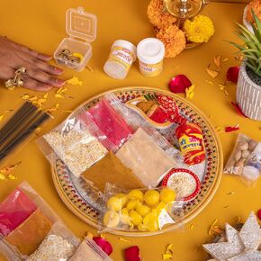 Pooja Samagri Complete Set - Includes Ghee Batti, Haldi, Kumkum, Rice, Chandan Pouches, Lakshmi Aarti Card, Kapur, Mouli Reel, Ganga Jal, Supari, Cloth, 2 Ghungroo Rings & Agarbatti