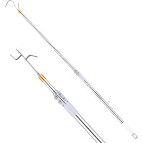 Clothes Hook Pole, 36" to 62" Long Pole Long Handle Telescoping Pole Stainless Steel Tube S Hook Closet for Reaching Extending Rod Lightweight Hang High Area Top(with 2 Hooks)