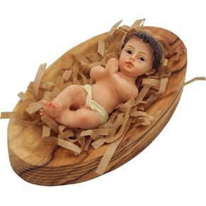 Handcrafted Gypsum Baby Jesus (2.3 Inch) Laying in Olive Wood Manger (3.3 Inch), Carved by Talented Artists in Bethlehem (N01)