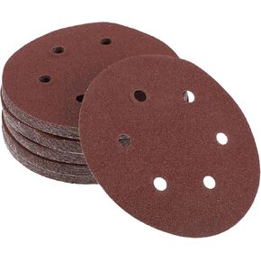 50 Pcs 6inch 6 Hole 80 Grit Universal Sanding Discs - Round Hook and Loop Sandpaper - White Paper Red