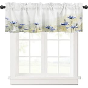 Blue Flower Curtain Valance, Elegant Watercolor Floral Print Short Rod Pocket Window Treatment for Living Room, Bedroom, Kitchen, Bathroom, 1 Panel, 54" W x 18" L