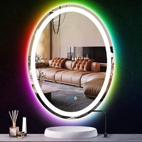 THEKLA 20x30 Inch Bathroom Oval Led Mirror with 3Color Lights + Rainbow RGB Backlit Oval Lighted Mirror for Bathroom Wall Oval Vanity Mirror with Lights Dimmable AntiFog Light up Smart Oval Mirror