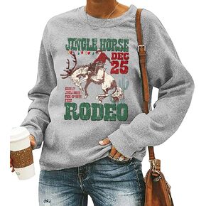 QIANRUO Cowboy Christmas Sweatshirt Women Funny Letter Print Cowgirl Xmas T-Shirt Casual Long Sleeve Rodeo Pullover Tops