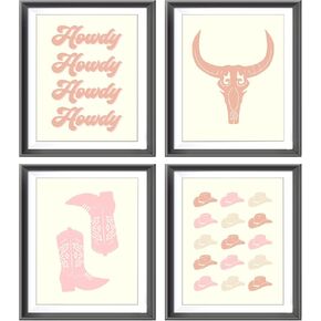 Howdy Retro Western Cowgirl Boots Hats Bull Skull Poster Prints for Home Girls Room Dorm Decor,Neutral Preppy Decorations Prints Wall Art Unframed 4pcs 8x10 Inches,Teen Girls Cowgirls Gifts (8W×10L)