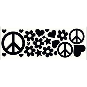 LiteMark Reflective Black Sixties Peace and Love Sticker, 60's Style - Pack of 22 Pcs (Hearts, Stars, Flowers, and Peace Signs)