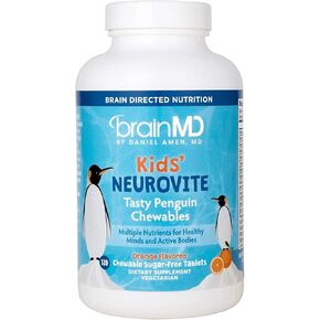 BRAINMD Dr Amen Kids’ NeuroVite, Orange Flavor - 120 Penguin-Shaped Chewables - Multivitamin & Mineral Supplement - Promotes Healthy Development & Growth - Gluten Free - 60 Servings
