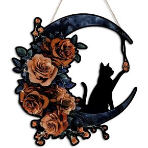 Putuo ديكور إكليل الهالوين للباب الأمامي تصميم القمر القط الأسود القوطي مع الورود، علامة باب الهالوين لديكور جدار الباب الأمامي (أرجواني) in Kuwait