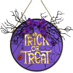 Wironlst Halloween Door Decorations Trick or Treat Sign Lighted Halloween Wreath Spider Web Spider Bat Dead Tree Branches Bow Welcome Sign for Front Door Home Wall Porch Halloween Decorations Indoor