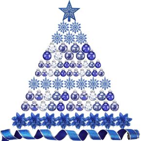 Jenaai 74 Pcs Christmas Ball Ornaments Set Plastic Shatterproof Christmas Tree Decorations with Hanging Snowflakes Ribbons Artificial Poinsettia Flowers Tree Topper for Xmas Decor (Champagne Gold)