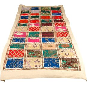 White Table Runner Cotton 18" x 58" Hand Embroidered Boho Bohemian Colorful Patchwork Indian Decoration Decor Tapestry