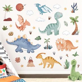decalmile Boho Baby Dinosaurs Wall Decals Dino Palm Tree Volcano Wall Stickers Boys Bedroom Toddler Room Baby Nursery Wall Decor