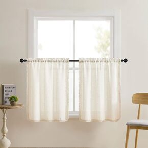 Home Queen Rustic Linen Texture Kitchen Valances with Macrame Tassels, Sheer Country Bathroom Valences for Small Window,18 Inches Long,2 Pack, Linen Color
