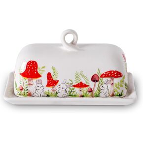 Mushroom Butter Dish With Lid For Countertop Ceramic Butterdish Mushroom Kitchen Decoration Cute Butter Holder Covered Red Mushroom Rabbit Painting Butter Container Large Mantequillera Butter Tray