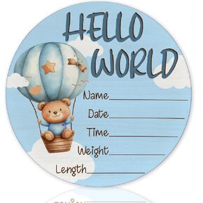 Baby Announcement Sign for Newborn Boys or Girls, Hello World Newborn Sign, Nursery Wall Decor, Baby Name Sign, Blue Hot Air Balloon Theme Birch Wood 6 inch Circle Board, Newborn Gifts