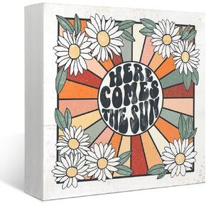 Mtrgdn Daisy Spring Decor for Home, Here Comes The Sun Flower Wood Box Sign Desk Decor Wooden Box Block Sign Decorations for Bedroom Living Room Dorm Wall Tabletop Desk Decor