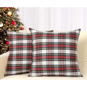 4TH Emotion Set of 2 Christmas Scottish Tartan Plaid Throw Pillow Covers Cushion Case Polyester for Farmhouse Home Decor Red and White, 18 x 18 Inches