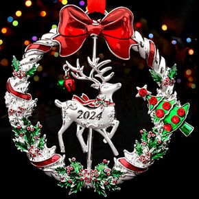 Christmas Ornament 2024 for Christmas Tree Hanging Decorations, Christmas Wreath Ornament with Rotatable Reindeer, Dated 2024 Metal Xmas Ornament for Holiday Decorative Keepsake Gift