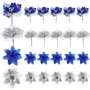 Jutom 40 Pcs 12.3/5.5 Inch Christmas Glitter Poinsettia Faux Flowers Blue Silver Poinsettias Artificial Flowers Ornaments Christmas Tree Decoration Poinsettia Christmas Decorations for Wedding Party