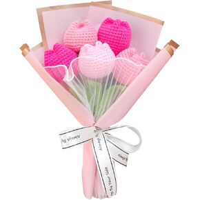 Crochet Tulip Flower Bouquet, Handmade Knitted Artificial Tulip Flowers, Gift for Mom Wife Women(Pink)