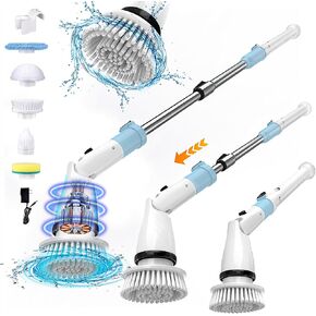 Electric Spin Scrubber,Cordless Cleaning Brush,Shower Scrubber Brush with 5 Replaceable Heads,2 Adjustable Speeds,Electric Scrubber with Long Handle for Bathroom Tile Tub Floor Kitchen