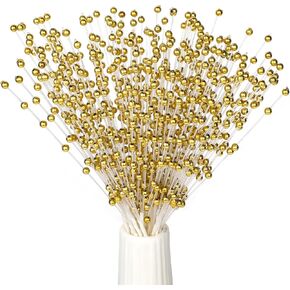 50 Pcs 4mm Pearls String Beaded Stick Pearl Bouquet Party Decoration Gold Floral Accents Bride Wedding Bouquet Accessories Long Sticks for Flower Golden Glitter Berry Stem Decorations for Party in Kuwait